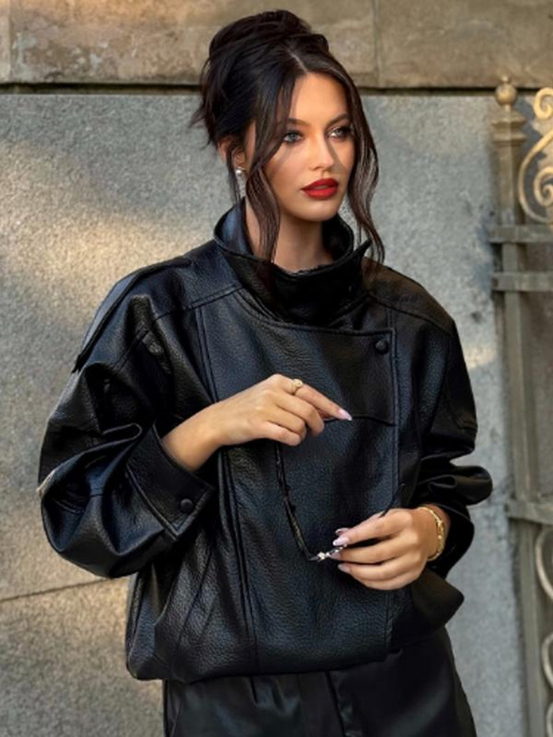 Black PU Leather Jacket Women'S Jacket Autumn 2025 Oversize Asymmetrical Zipper Outerwears New in Coats & Jackets Long Sleeve Biker Jacket Street Style Jacket