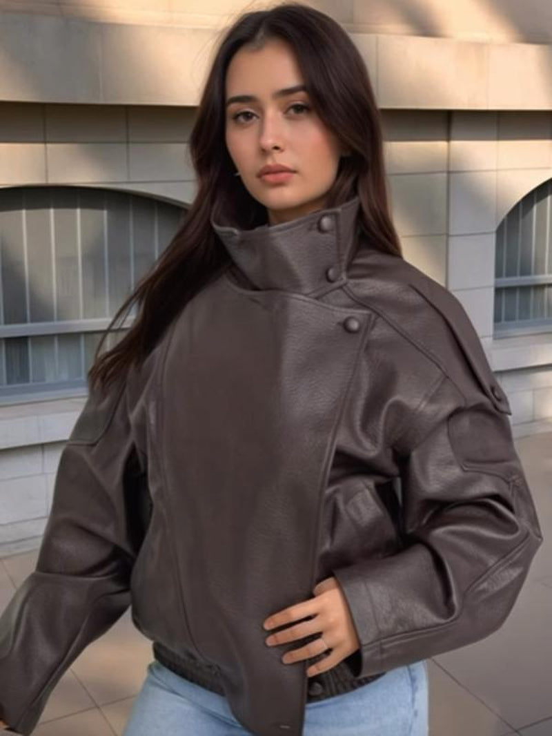 Black PU Leather Jacket Women'S Jacket Autumn 2025 Oversize Asymmetrical Zipper Outerwears New in Coats & Jackets Long Sleeve Biker Jacket Street Style Jacket