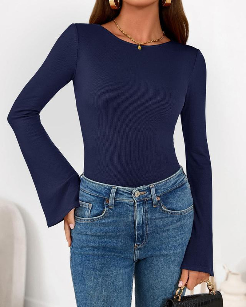 BTFBM Long Sleeve Shirts for Women 2025 Fall Y2K Clothes Casual Solid Color Boat Neck Bell Sleeve Fitted Going Out Tops