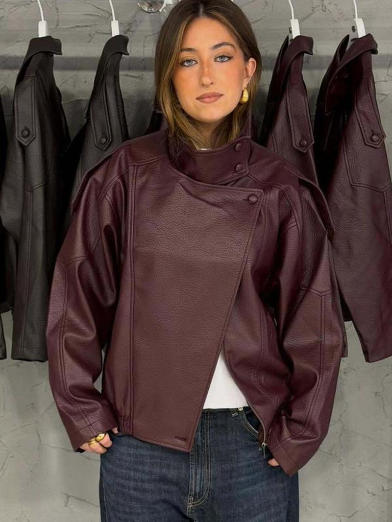 Black PU Leather Jacket Women'S Jacket Autumn 2025 Oversize Asymmetrical Zipper Outerwears New in Coats & Jackets Long Sleeve Biker Jacket Street Style Jacket