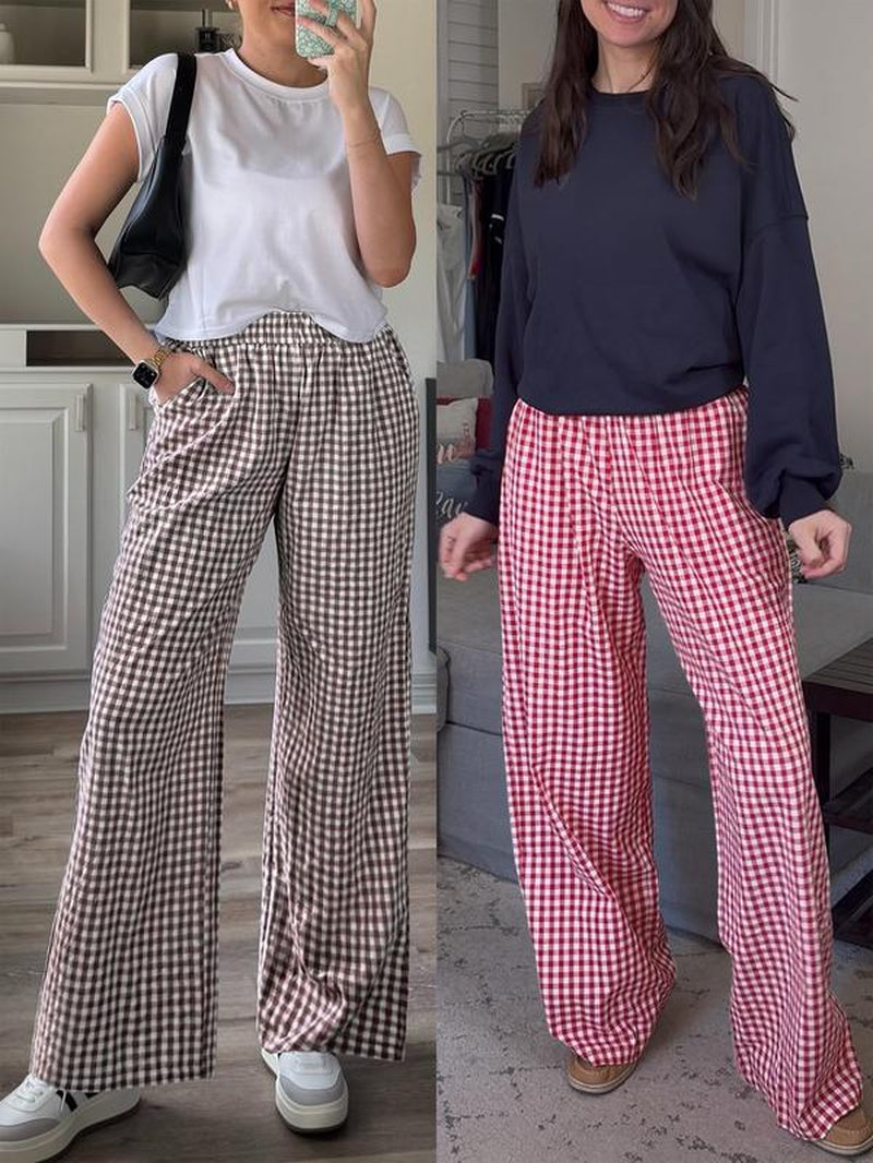 ANRABESS Womens Striped Gingham Palazzo Pants Wide Leg High Waisted Lounge Pajama Pants Cute Casual Trousers with Pockets for Comfort