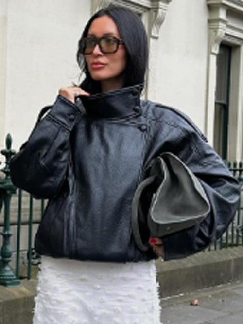 Black PU Leather Jacket Women'S Jacket Autumn 2025 Oversize Asymmetrical Zipper Outerwears New in Coats & Jackets Long Sleeve Biker Jacket Street Style Jacket