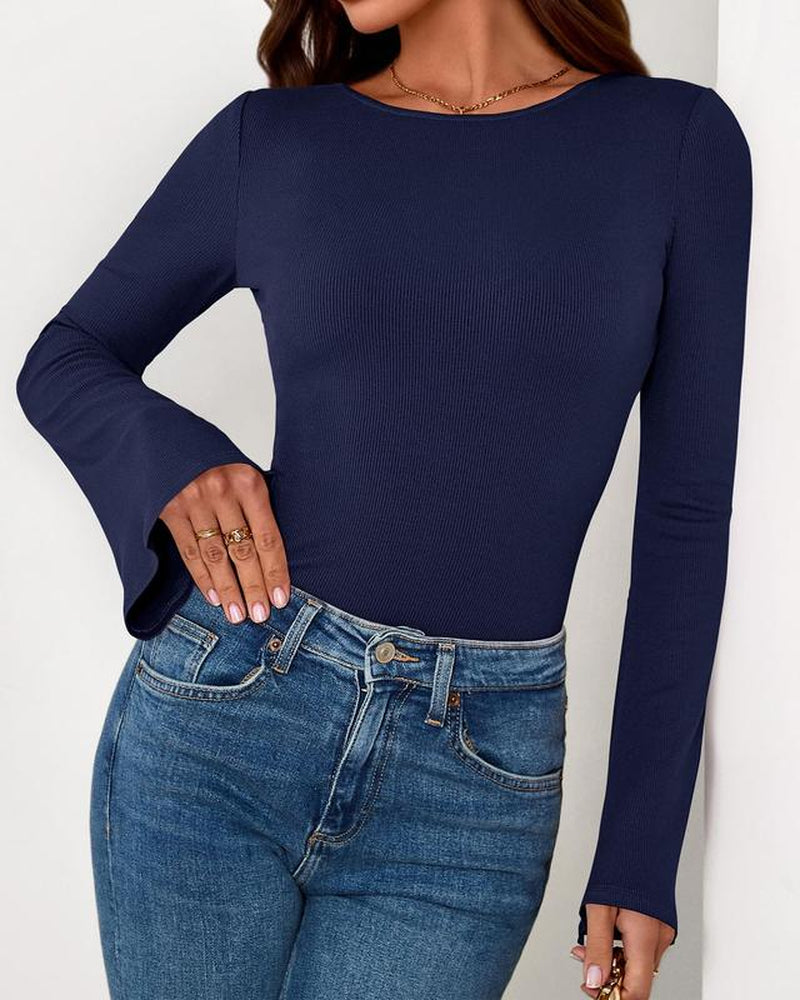 BTFBM Long Sleeve Shirts for Women 2025 Fall Y2K Clothes Casual Solid Color Boat Neck Bell Sleeve Fitted Going Out Tops