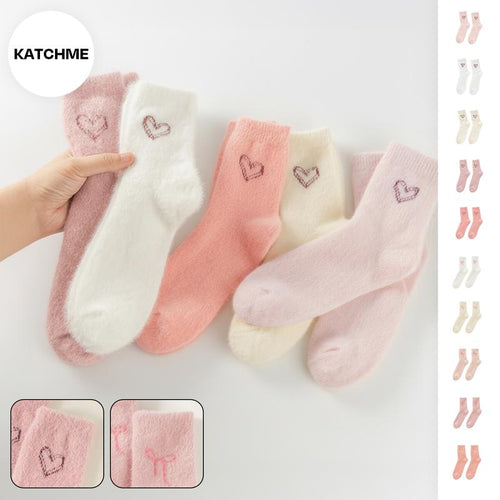 Katchme Women'S Lovely Heart-Shaped Smooth Fluffy Thermal Mid-Calf Socks, Cozy Multi-Pack Basic Socks for Fall & Winter, Vibrant 5-Pack Fuzzy Socks