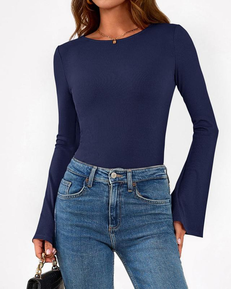 BTFBM Long Sleeve Shirts for Women 2025 Fall Y2K Clothes Casual Solid Color Boat Neck Bell Sleeve Fitted Going Out Tops